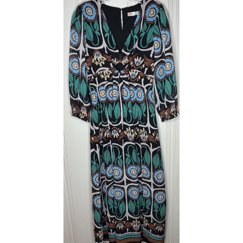Intempo boho maxi dress XS long sheer sleeve V-neck retro hippie mod floral Flaw
